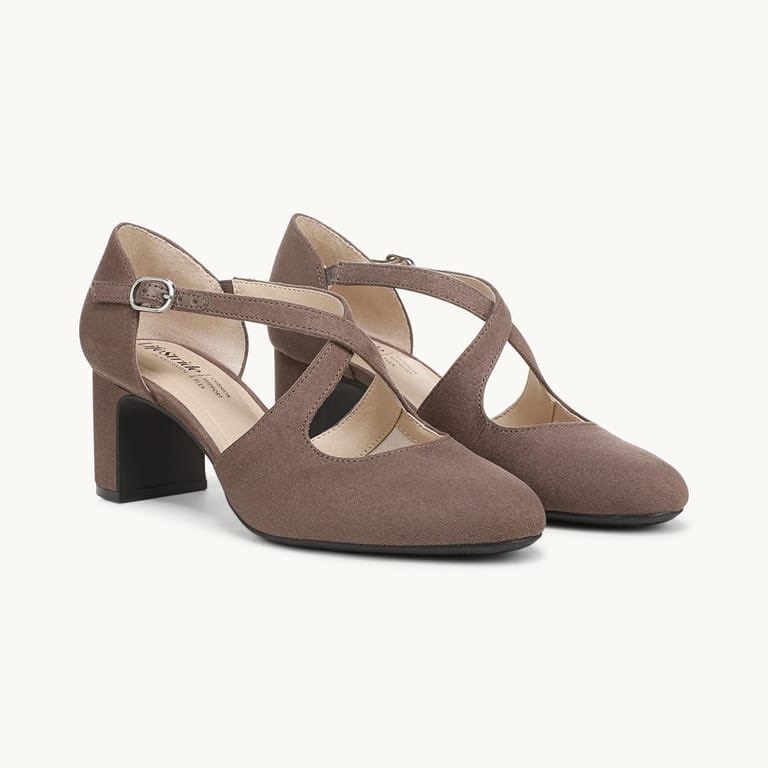 Lifestride Tracy Mocha Microfiber Strappy Block Heel Pump Shoes Womens 8 M New